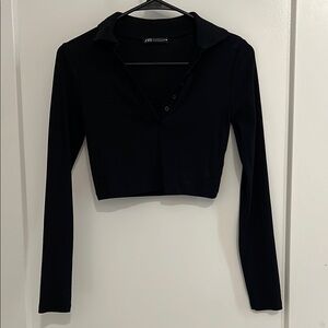Zara Black Fitted Crop Top with Long Sleeves and Polo Collar